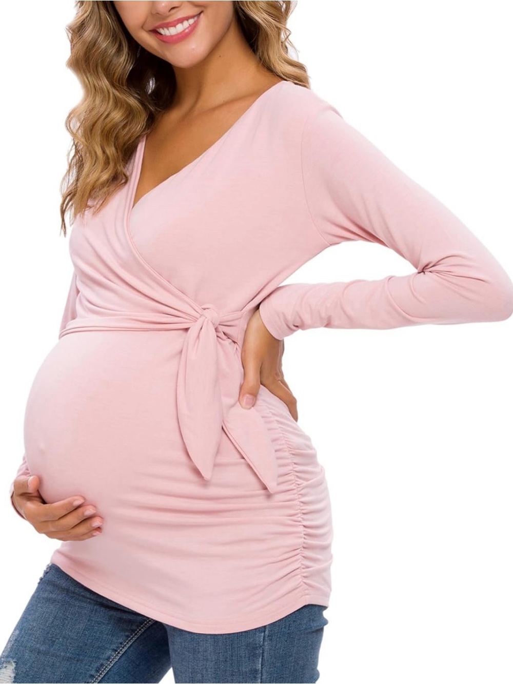 Pink Maternity and Nursing Wrap Tie Long-Sleeve Top